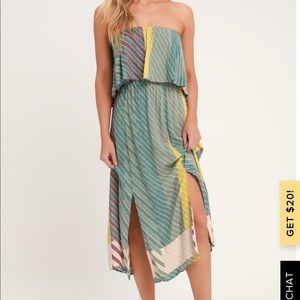 KOI SAGE GREEN MULTI STRIPED STRAPLESS MIDI DRESS